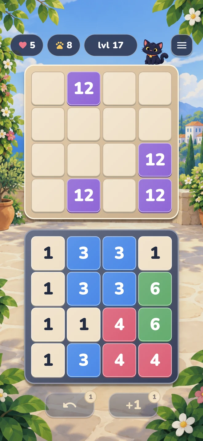 Level 17: the upper board shows target numbers and the lower board contains numbers to connect