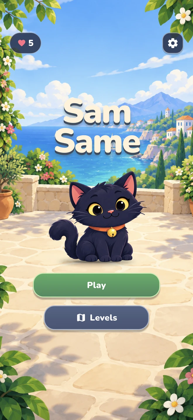 Sam the cat on the game’s sunny home screen