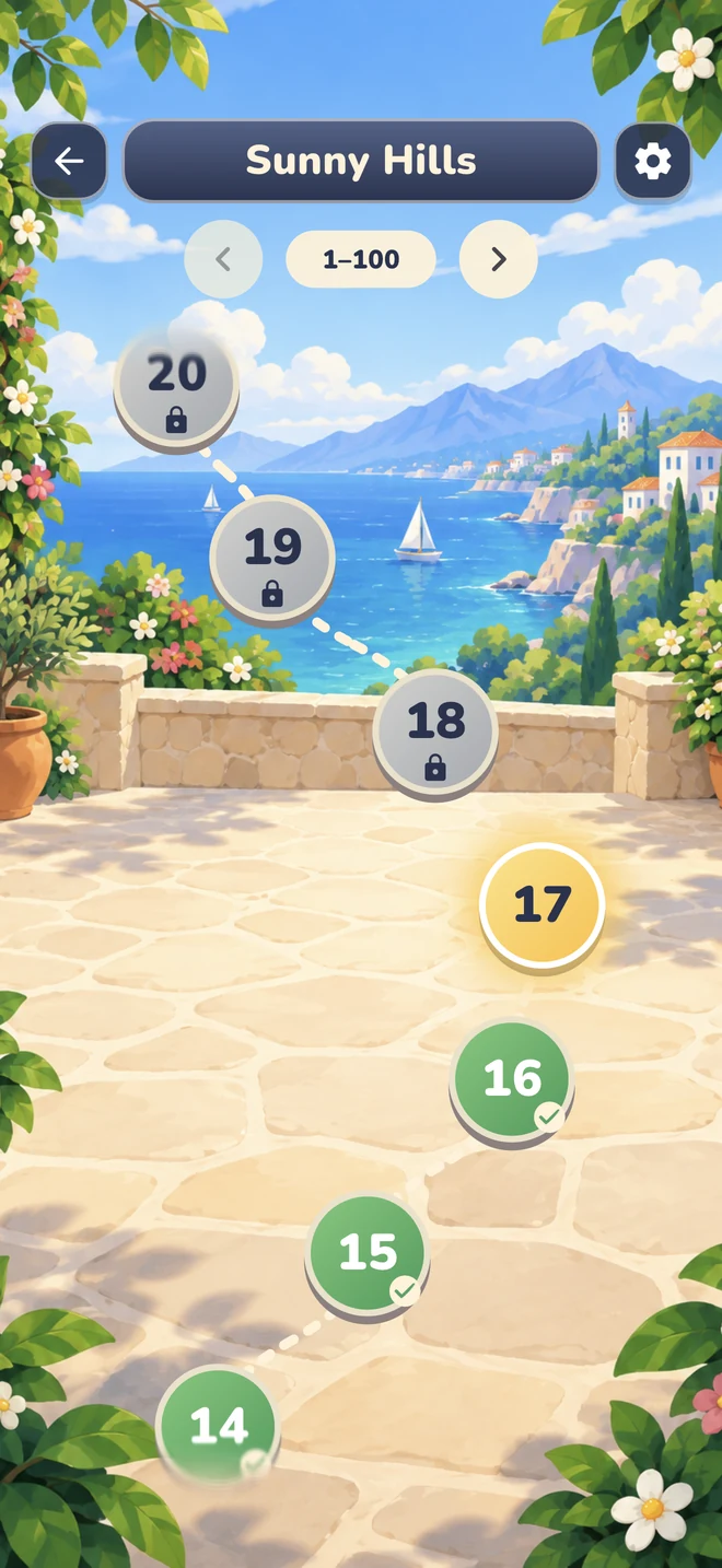 Level map with a path through Sunny Hills